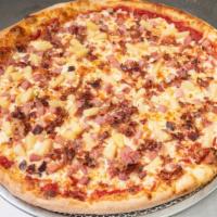 Hawaiian · Pizza sauce, premium mozzarella, ham, bacon and pineapple.