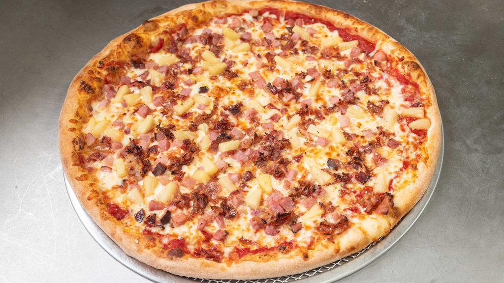 Hawaiian · Pizza sauce, premium mozzarella, ham, bacon and pineapple.