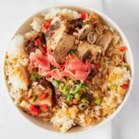 Aburi Chashu Donburi · Charred 2-hour slow-braised pork belly chashu with chashu sauce, scallions and bell peppers ...