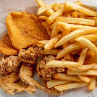 3 Wings & Fish · Catfish, tilapia, perch. Includes fries, bread, and coleslaw.