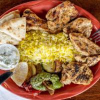 Chicken Kabob Platter · Charbroiled Chicken Breast, with Assorted Fresh & Grilled Vegetables, Pita Points, with Yogu...