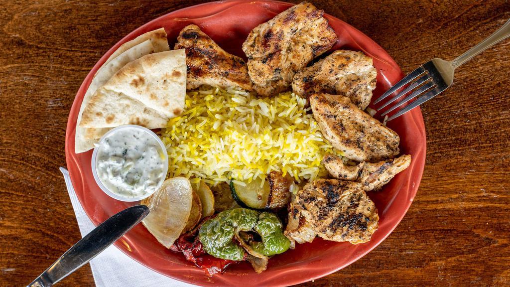 Chicken Kabob Platter · Charbroiled Chicken Breast, with Assorted Fresh & Grilled Vegetables, Pita Points, with Yogurt Sauce.