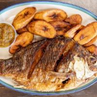 Tilapia & Plantain Platter · Add attieke for an additional  $4.99 charge.