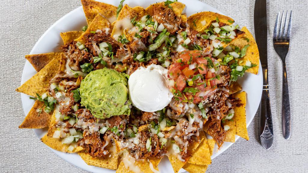 Nachos Supreme · Chips, beans, onion, tomato, guacamole, sour cream, melted cheese & choice of chili or meat.