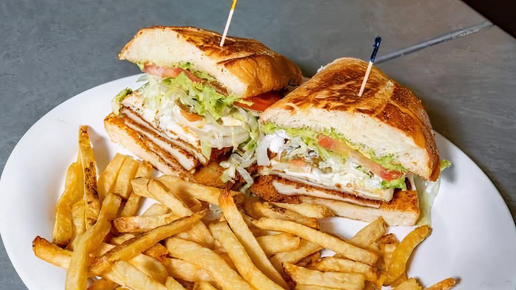 Torta · The classic Mexican sandwich. Your choice of meat with lettuce, onion, tomato, cheese, avocado spread, sour cream, and chipotle mayo. Includes fresh cut fries!
