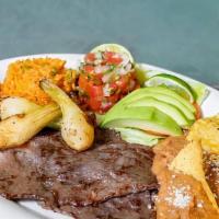 Cecina Plate · Thinly sliced salted beef with rice beans, sliced avocado, green onions, jalapeño, and corn ...