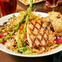 Grilled Salmon Salad · Spring mix, balsamic vinaigrette, sliced strawberries, candied pecans, goat cheese crumbles,...