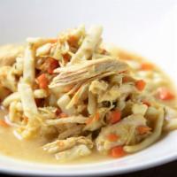 Chicken & Noodles · Flavorful broth with chicken, carrots, celery, herbs, home-style egg noodles, served over yu...