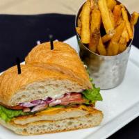 Chicken 'Wich · Overnight brined chicken breast, topped with cheddar cheese, crispy bacon, lettuce, tomato, ...