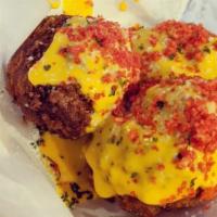 Fried Mac & Cheese Balls · Topped with Hot Cheetos