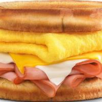 Frisco Breakfast Sandwich · Folded egg and thinly sliced ham, topped with American, and swiss cheeses stacked on fresh s...