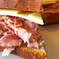 Ham & Cheese Baguette · Ham and cheese on baguette with butter and wholegrain mustard.