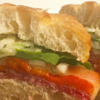 Focaccia Sandwich · Soppressata Salami, Roasted Red Pepper, Swiss cheese, Arugula, Fennel & Celery w/ whole grai...