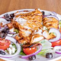 Grilled Chicken Salad · Romaine lettuce  served with tomato, onion, black olive, mozzarella cheese, grilled chicken ...