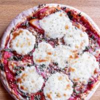 Margherita Pizza · Sliced tomato, fresh mozzarella, fresh basil and minced garlic.