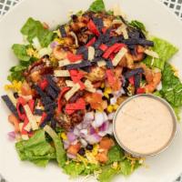 Bbq Salad · Grilled chicken tossed in BBQ and served on bed of romaine, sweet corn, black beans, red oni...