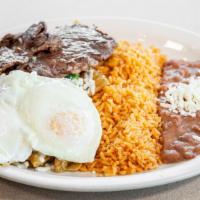 Chilaquiles Verdes Con Dos Huevos · Add meat for  an additional extra charge.