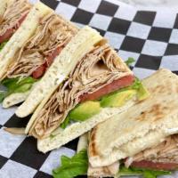 Cluckin' Pita · Sliced Marinated Grilled Chicken, pepper jack, avocado, house ranch dressing, lettuce, tomat...