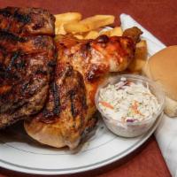 The Open Pit · 4 BBQ rib bones and a half BBQ chicken, served with steak fries, cole slaw, and bread roll