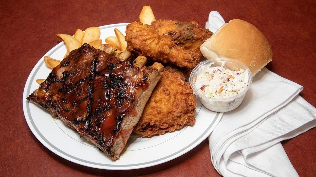 The Southwest · 4 BBQ rib bones and 4 pieces of fried chicken (breast, leg, wing, and thigh) served with steak fries, cole slaw, and bread roll