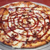 Bbq Chicken Pizza · Grilled chicken, red onion, bacon, drizzled with BBQ sauce