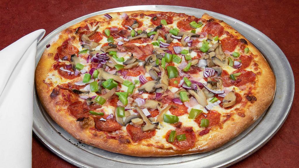 Large Supreme · Pepperoni, bacon, ham, mushrooms, green pepper, and red onion