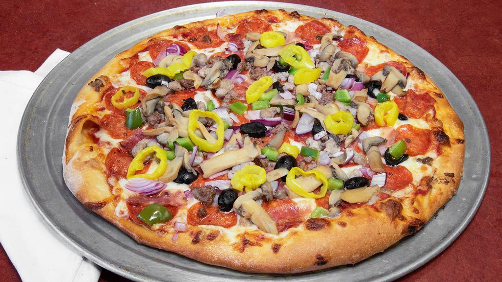 Ultimate Pizza · Pepperoni, ham, bacon, italian sausage, ground beef, mushroom, red onion, black olives, banana peppers, and green peppers