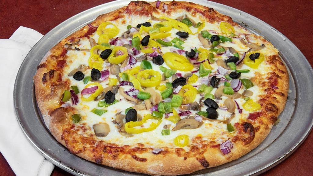 X Lg Veggie Pizza · Banana peppers, black olives, mushrooms, red onion, and green pepper