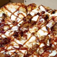 Large Bbq Pulled Pork Pizza · BBQ pulled pork, bacon, red onion, drizzled with BBQ sauce