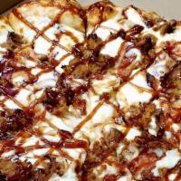 X Lg Bbq Pulled Pork Pizza · BBQ pulled pork, bacon, and red onion drizzled with BBQ sauce