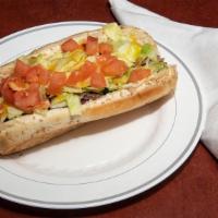 Sizzler Steak & Cheese Sub · Grilled steak, green pepper, mushrooms, red onion, provolone cheese, mayo, lettuce, tomato, ...