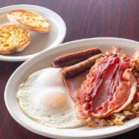 Morning Star Breakfast Special · Two eggs*, two sausage links, two bacon strips and ham served with hash browns and toast