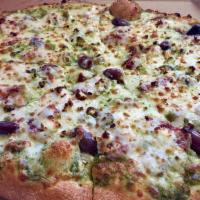 Lou'S Mediterranean (Large) · Pesto sauce, topped with sun-dried tomato, green Olives, kalamata black olives, and feta che...