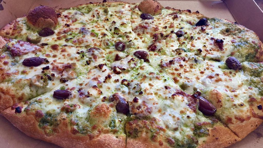 Lou'S Mediterranean (Large) · Pesto sauce, topped with sun-dried tomato, green Olives, kalamata black olives, and feta cheese.