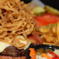 Rocks Burger · Applewood bacon, pepper jack cheese, onion strings, lettuce, tomato and a side of giardiniera.