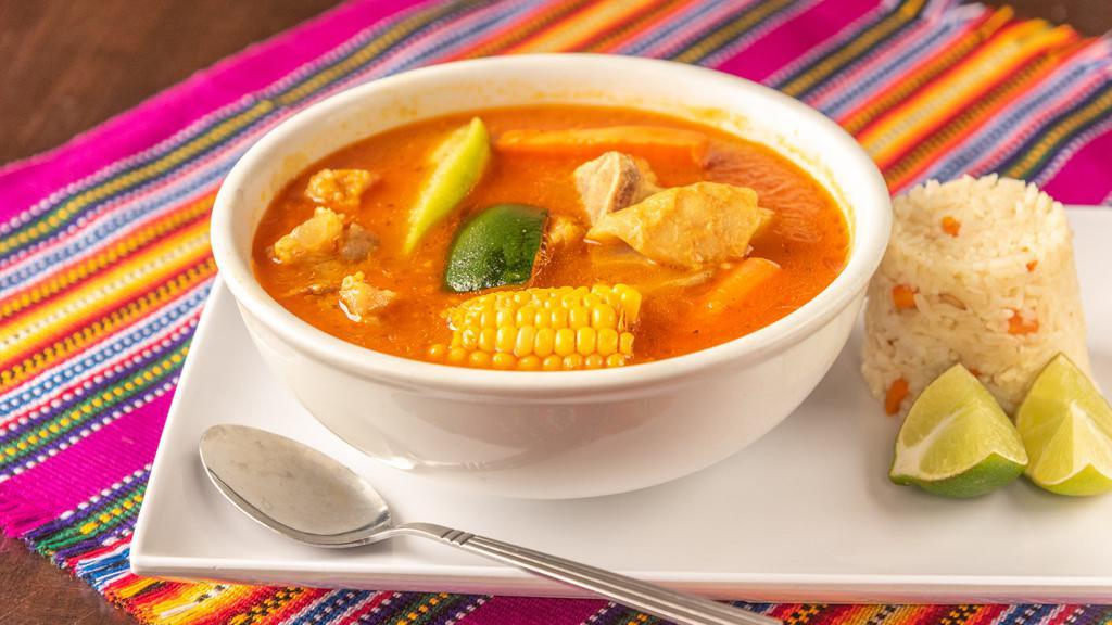 Caldo De Res · Our delicious beef and vegetable soup is served with rice and a slice of lime.