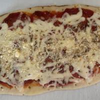 Cheese Flat Bread Pizza · Cheese Pizza with house made pizza sauce, Mozzarella cheese blend.