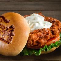 Buffalo Chicken Sandwich · Crispy fried chicken breast tossed in our signature wing sauce, topped with bleu cheese dres...