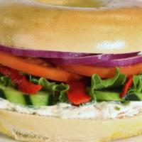 Veggie Supreme · Veggie cream cheese topped with lettuce, tomato, onion, cucumbers, and roasted red pepper.