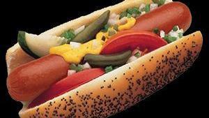 Chicago Style Dog · Mustard, relish, onion, tomato, celery salt, pickle, sport peppers on a poppy seed bun.