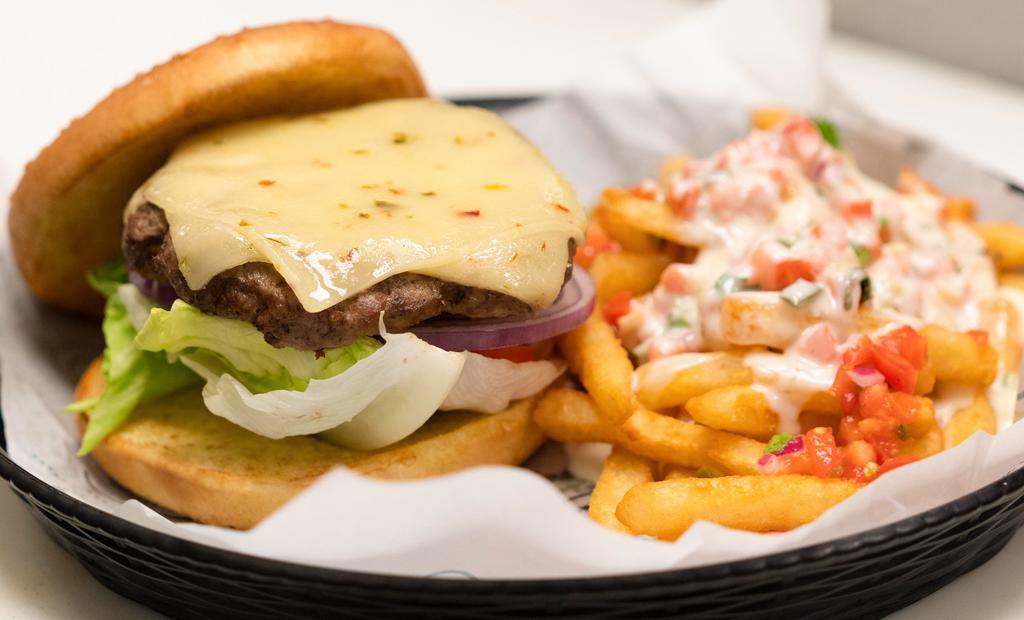Jay'S Super Wagyu Cheese Burger · 5’’ Buns 1/2 lb wagyu burger loaded pico &
  queso fries.