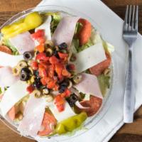 Aurelio’S Italian Antipasto Salad · A bed of lettuce topped with ham, mozzarella cheese, pepperoni, green & black olives, sweet ...