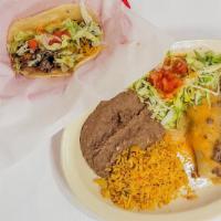 Lunch Special #1 · 2 enchiladas or tostada (choice of meat) 1/2 rice, 1/2 beans, 1 taco or drink.