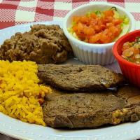 Carne Asada · Grilled sirloin steak 7 ounces, served with rice, beans, salad, topped with pico de gallo, g...