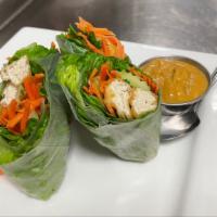 Fresh Salad Rolls (2)(V)(Gf) · Lettuce, carrots, cucumber, cilantro wrapped in sticky rice paper. Served with peanut dip.