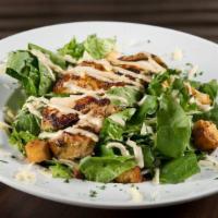 Chicken Caesar · Romaine, grilled chicken, Parmesan cheese, garlic croutons (710 cal). Substitute grilled shr...