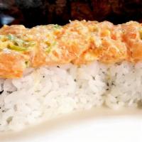 Atlantic (8 Pieces) · Crab meat, cucumber, and avocado topped with spicy salmon.
