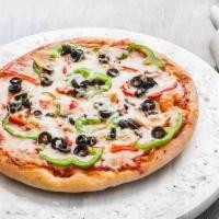 Pizza · Lebanese round flatbread topped with pizza sauce, mozzarella cheese, olives, onions, tomatoe...