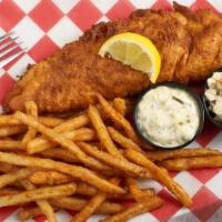 Minnesota Walleye · Friday only. Lightly battered with homemade tartar, lemon, hushpuppies, and coleslaw.