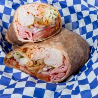 Rose'S Wrap · Turkey, ham, shredded lettuce, tomato, Swiss Cheese, and red onions all rolled in a multi-gr...